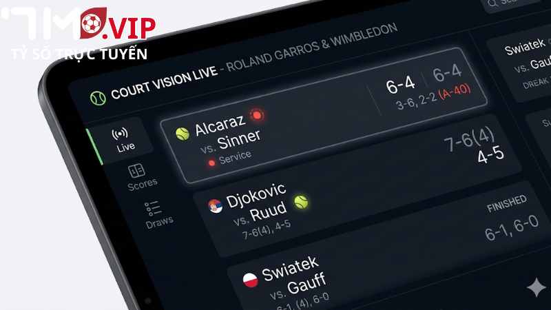  Giao diện 7M cập nhật tỷ số tennis theo từng giây.